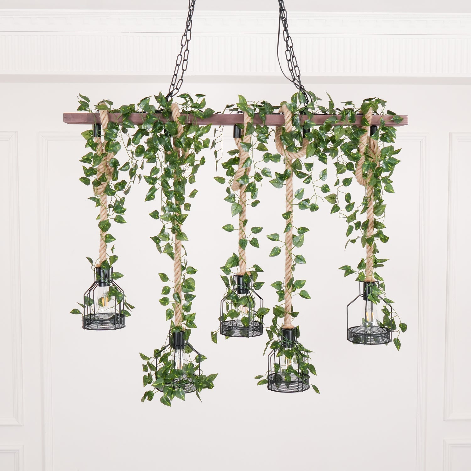 Lustra Chandelier Rustic Wooden Beam Rope Cage Cozy - Letslighting