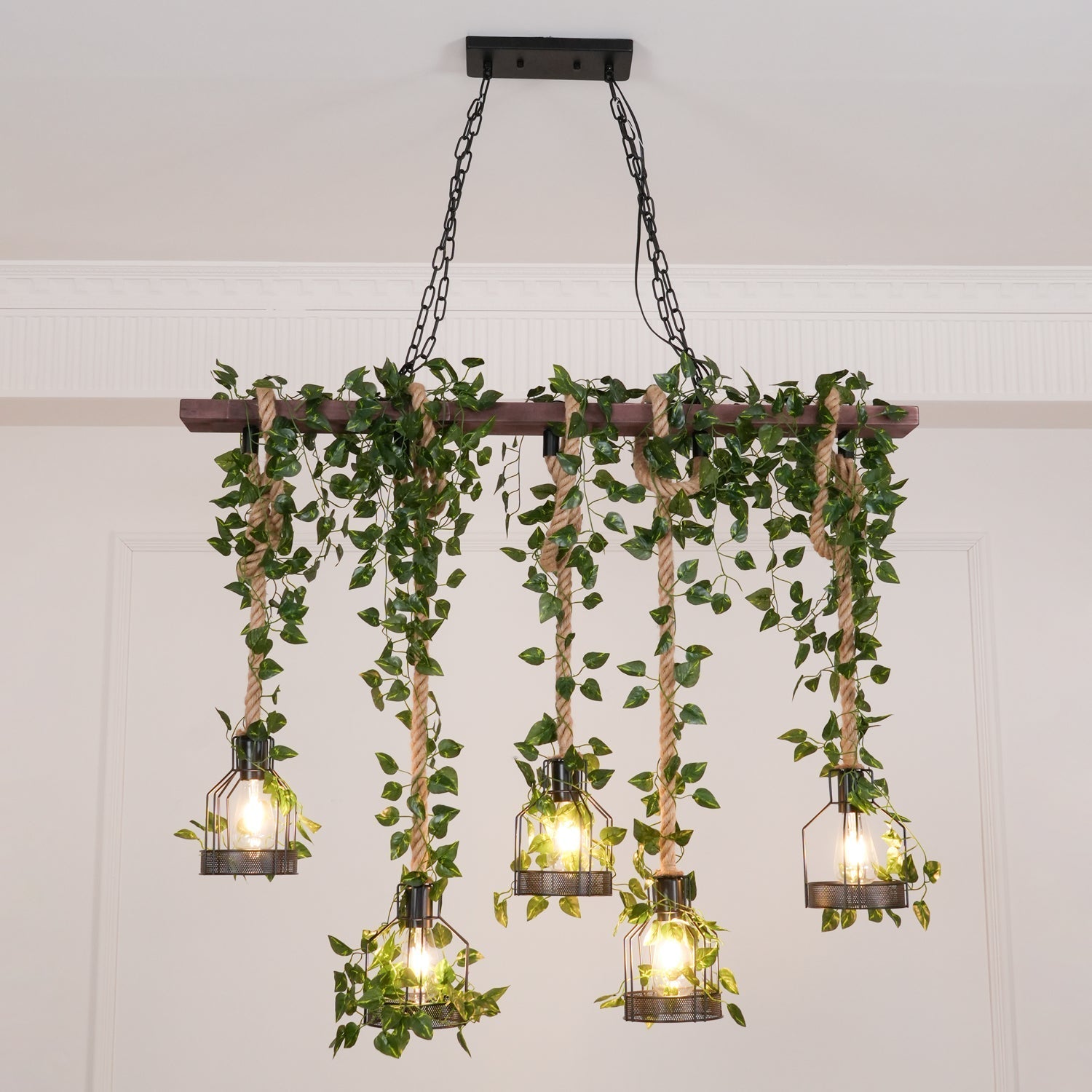 Lustra Chandelier Rustic Wooden Beam Rope Cage Cozy - Letslighting