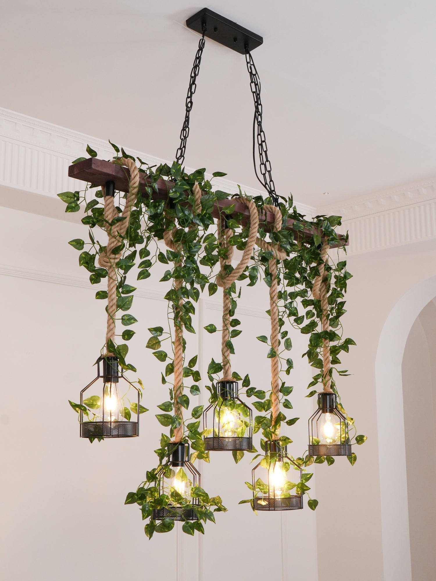 Lustra Chandelier Rustic Wooden Beam Rope Cage Cozy - Letslighting