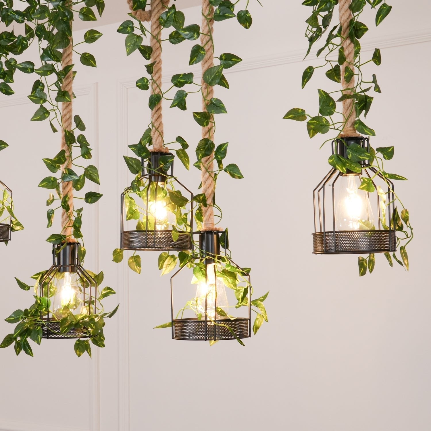 Lustra Chandelier Rustic Wooden Beam Rope Cage Cozy - Letslighting