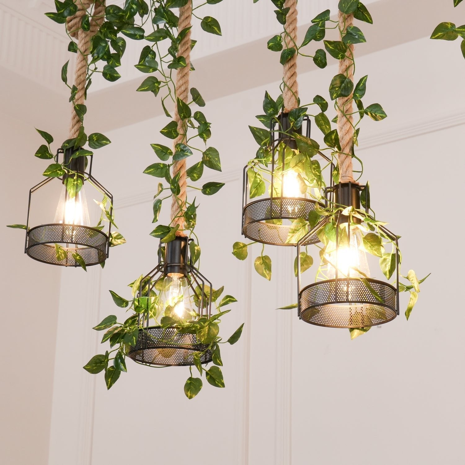 Lustra Chandelier Rustic Wooden Beam Rope Cage Cozy - Letslighting