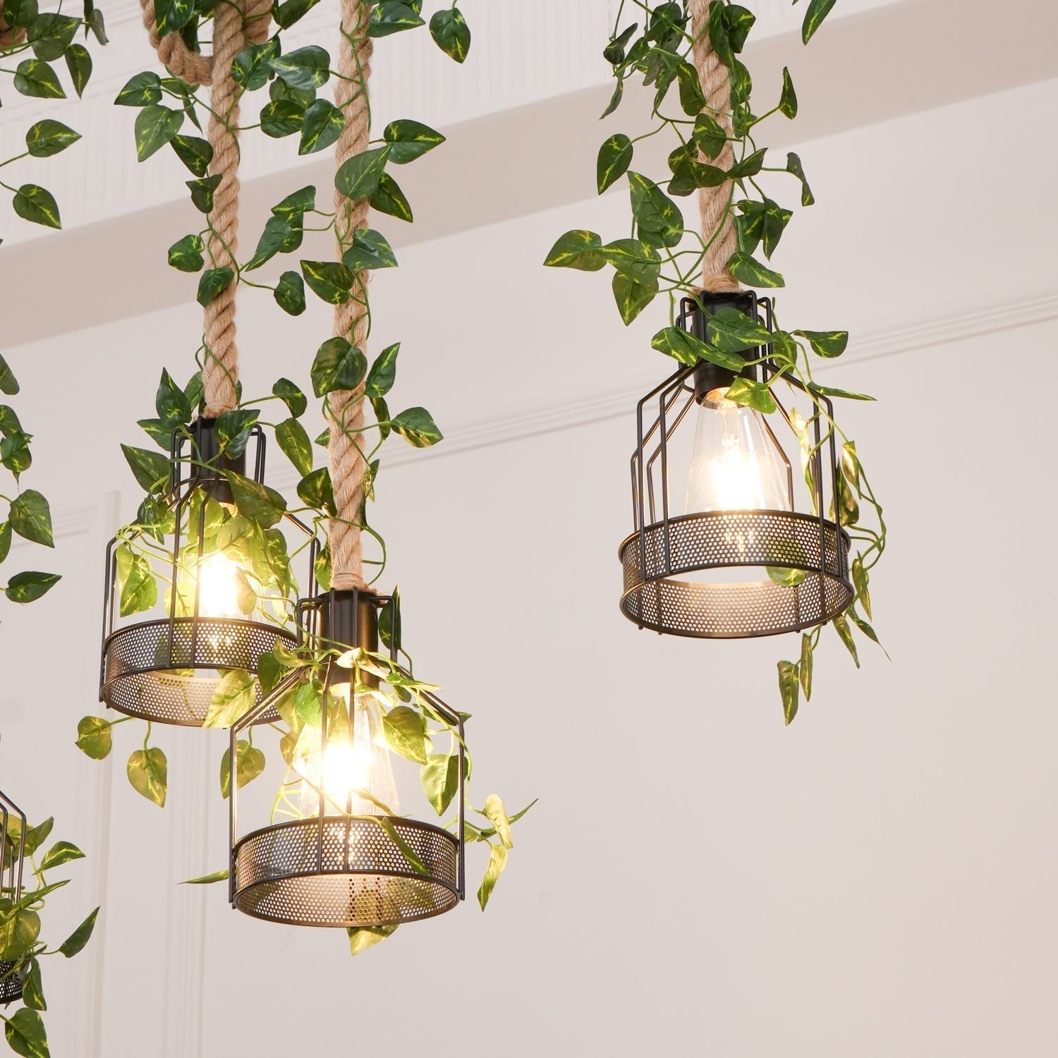 Lustra Chandelier Rustic Wooden Beam Rope Cage Cozy - Letslighting