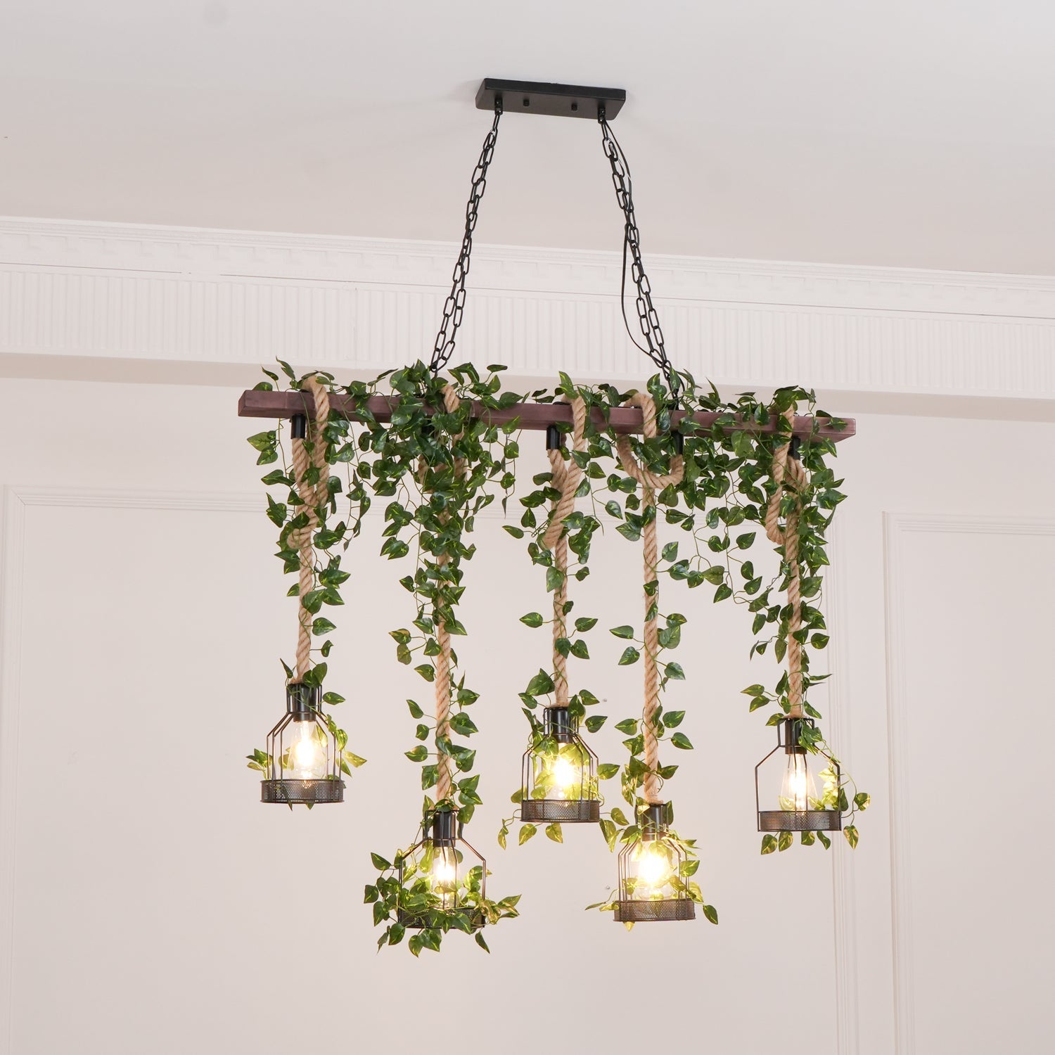 Lustra Chandelier Rustic Wooden Beam Rope Cage Cozy - Letslighting