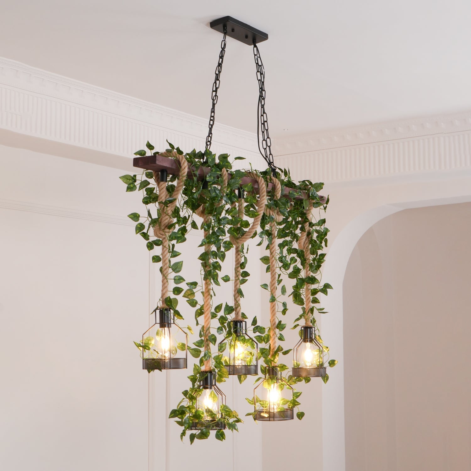 Lustra Chandelier Rustic Wooden Beam Rope Cage Cozy - Letslighting