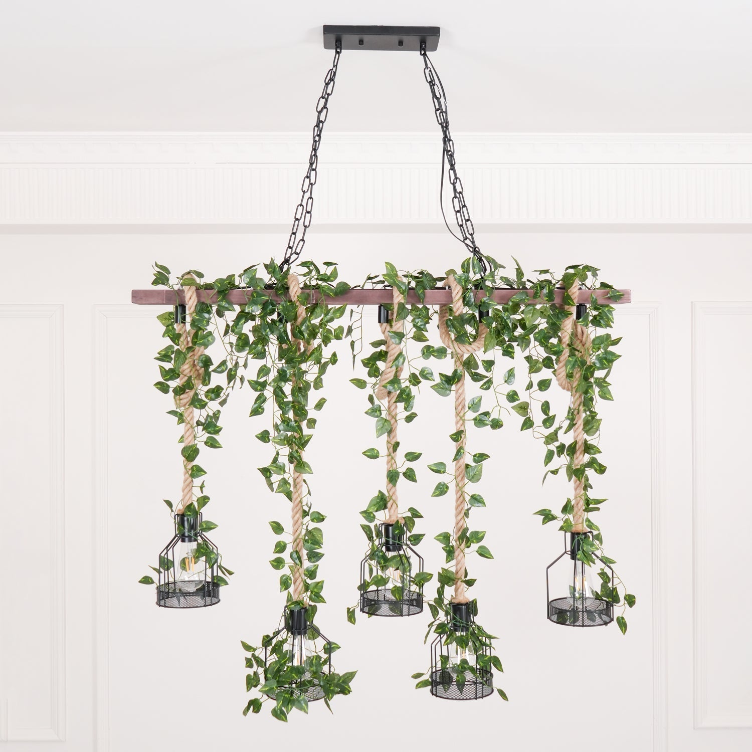 Lustra Chandelier Rustic Wooden Beam Rope Cage Cozy - Letslighting
