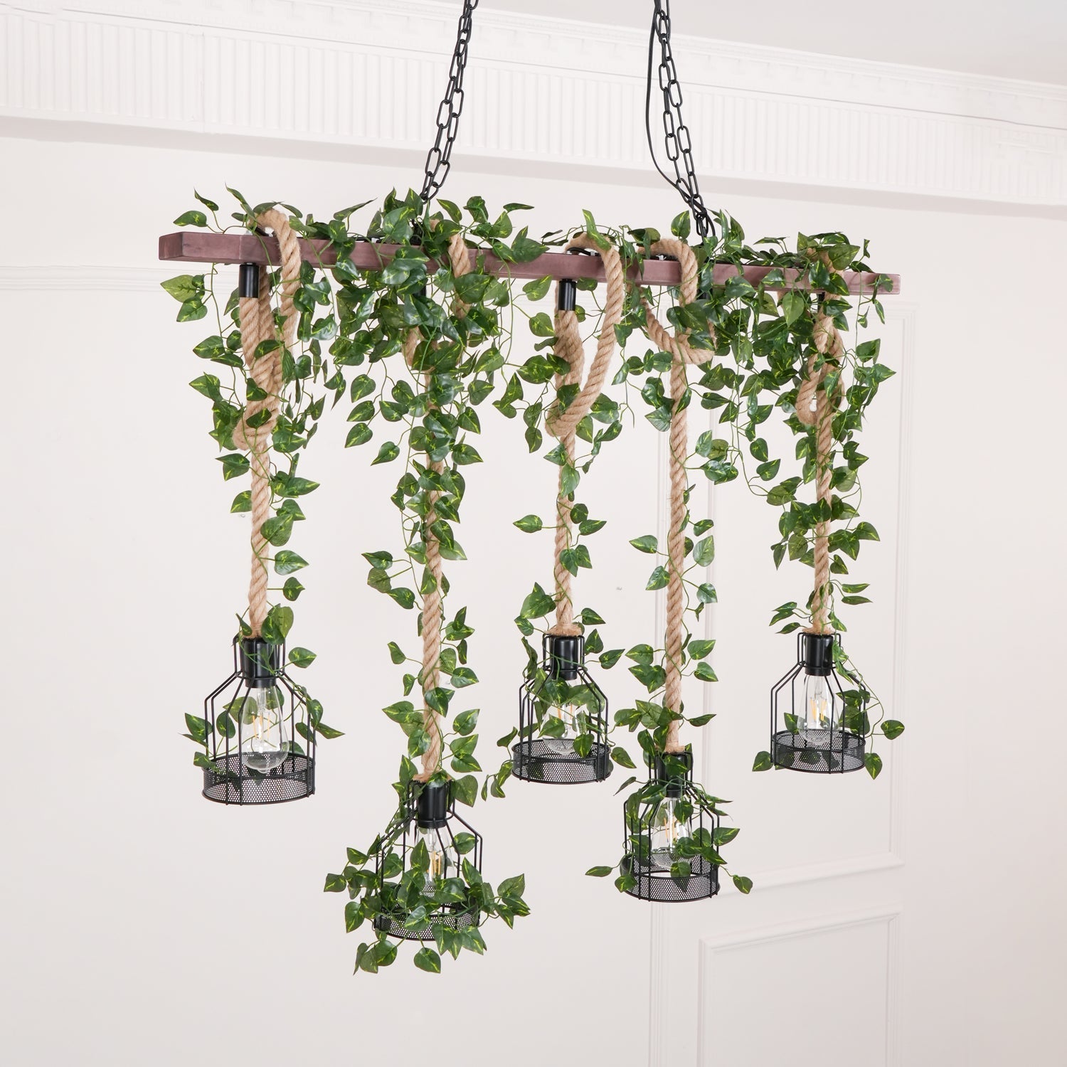 Lustra Chandelier Rustic Wooden Beam Rope Cage Cozy - Letslighting