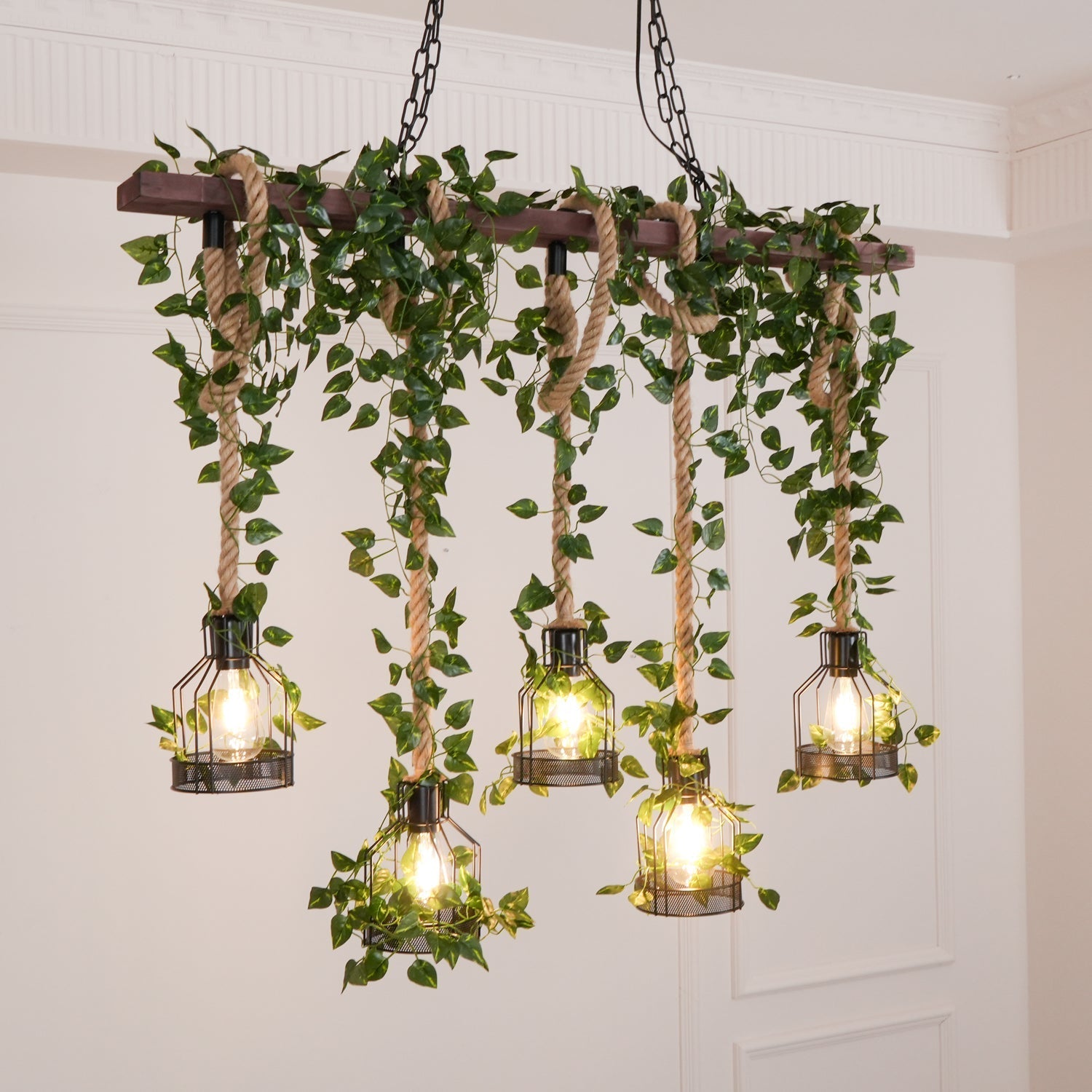 Lustra Chandelier Rustic Wooden Beam Rope Cage Cozy - Letslighting