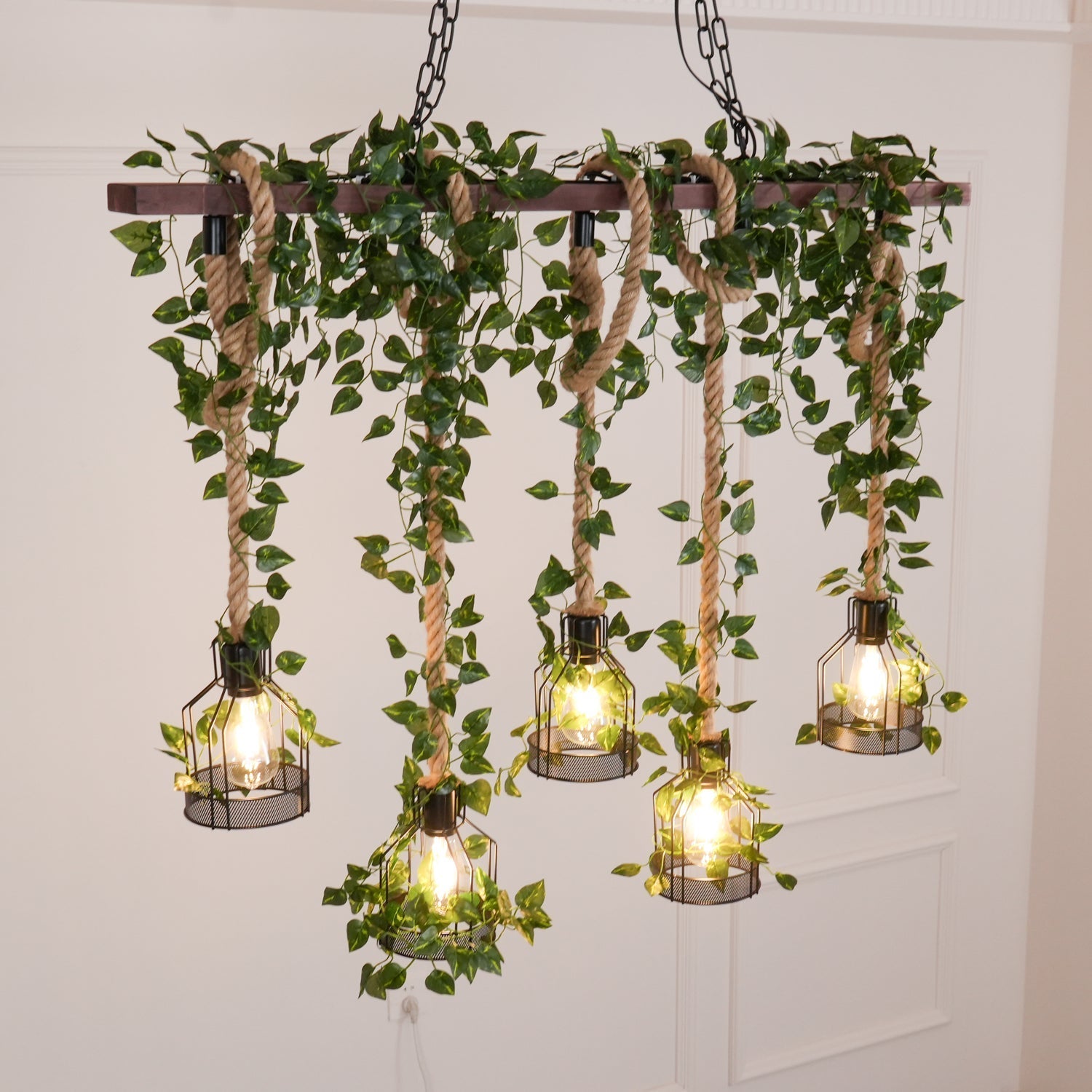Lustra Chandelier Rustic Wooden Beam Rope Cage Cozy - Letslighting