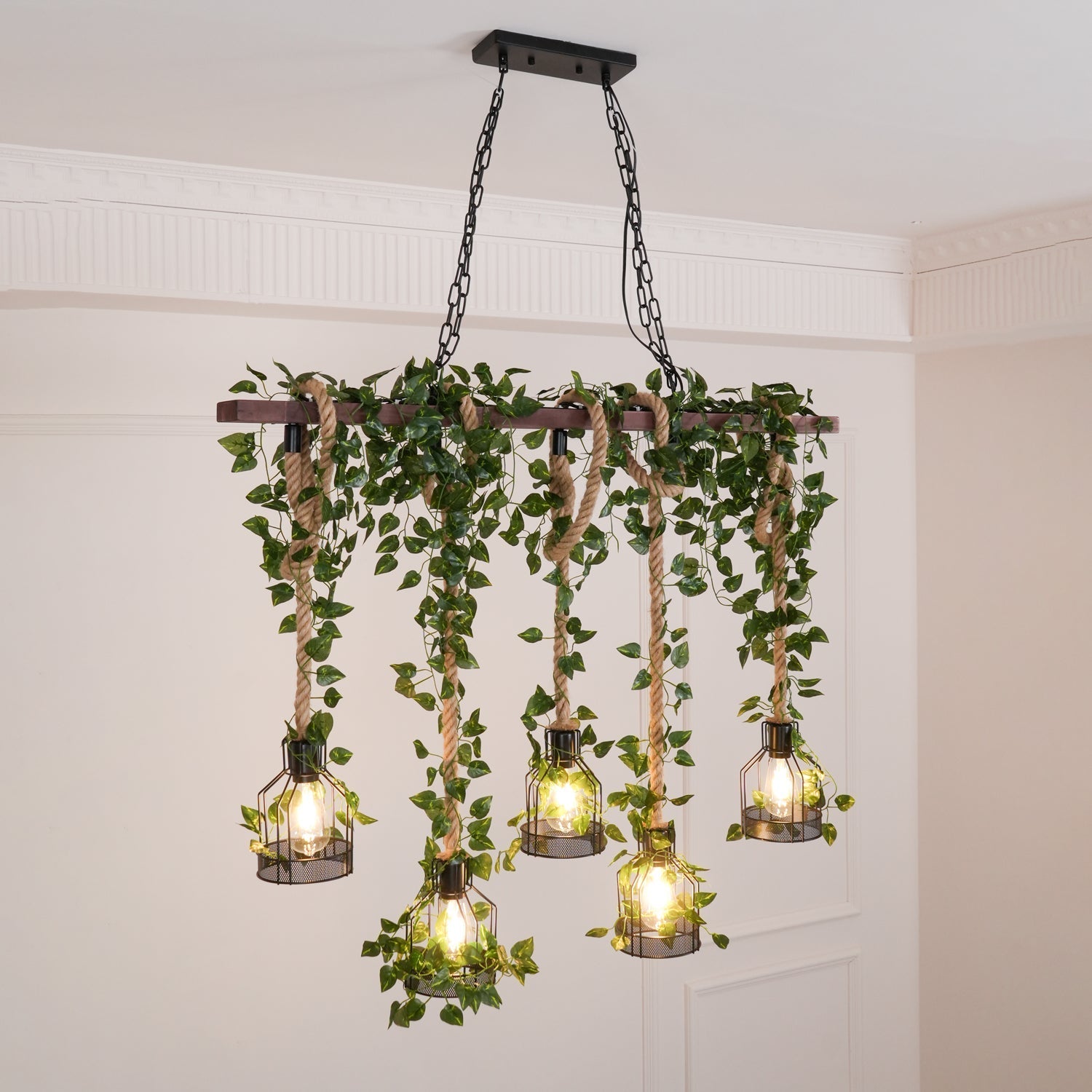 Lustra Chandelier Rustic Wooden Beam Rope Cage Cozy - Letslighting
