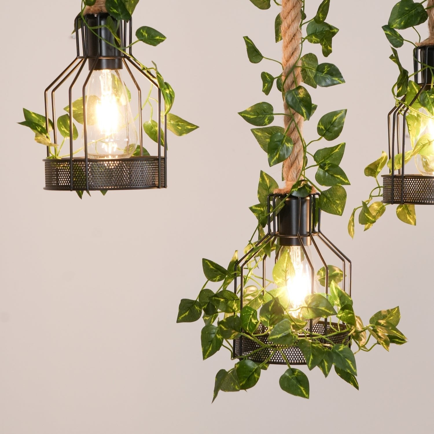 Lustra Chandelier Rustic Wooden Beam Rope Cage Cozy - Letslighting