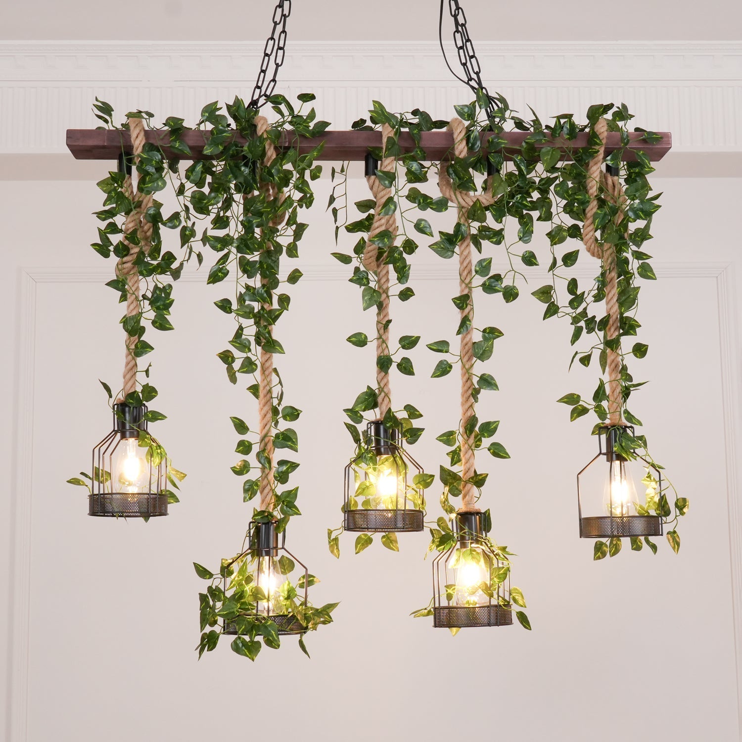 Lustra Chandelier Rustic Wooden Beam Rope Cage Cozy - Letslighting