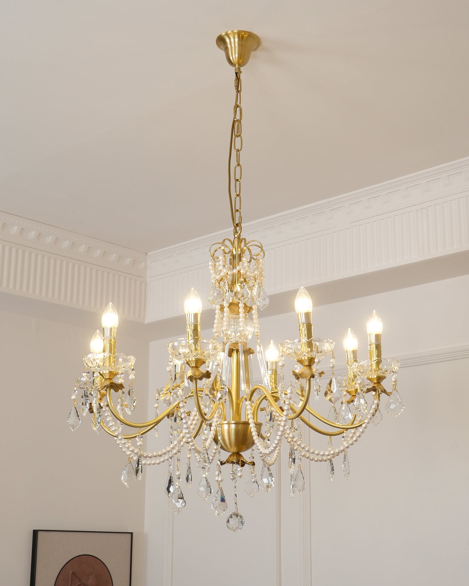 Chandelier Brass Body Crystal Pearl Drops Vintage Elegance - Letslighting