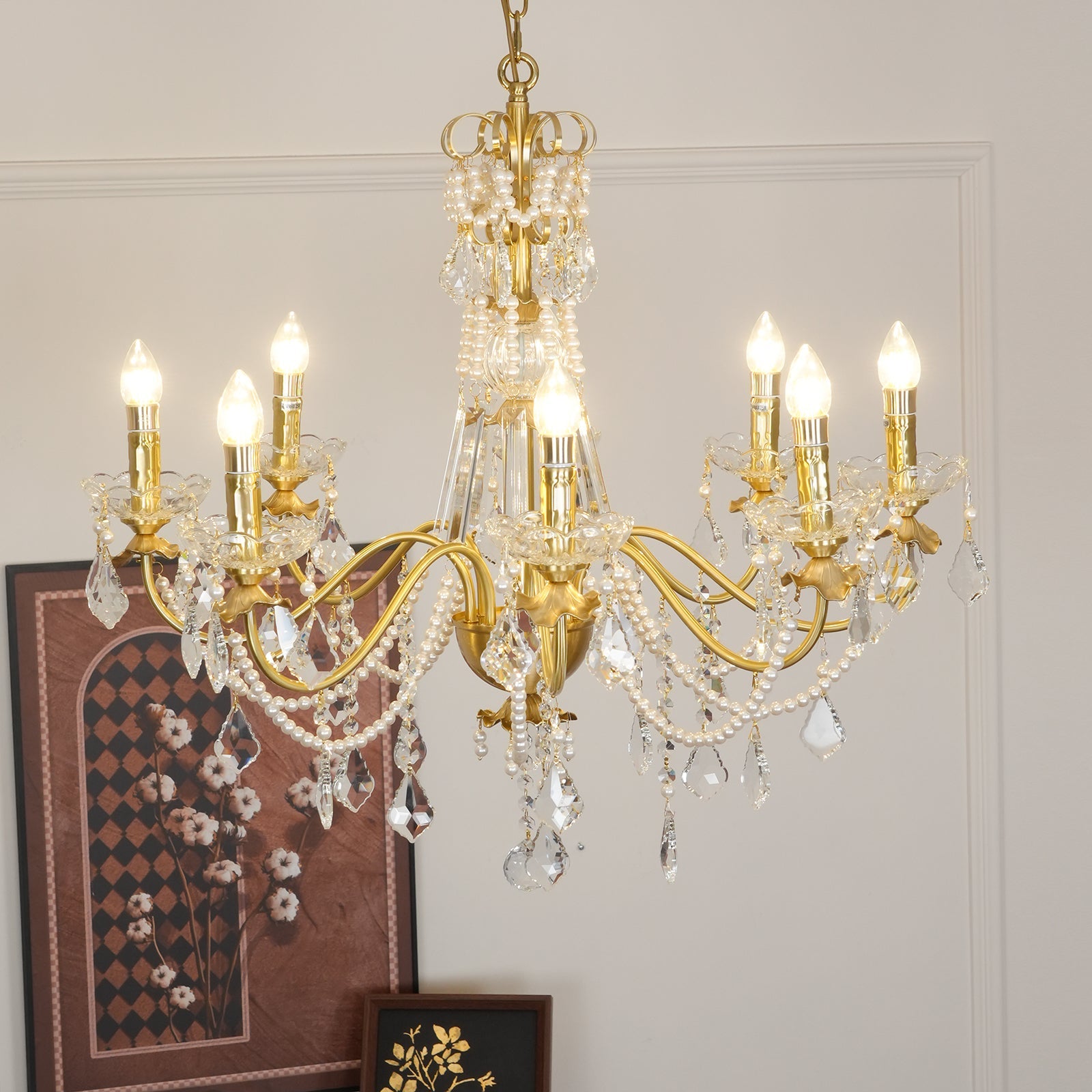 Chandelier Brass Body Crystal Pearl Drops Vintage Elegance - Letslighting
