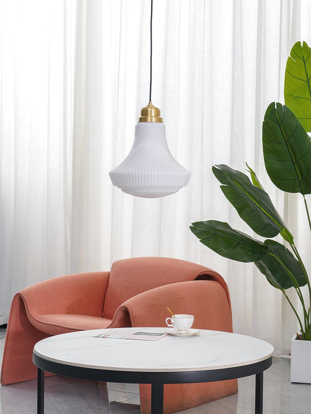 Solara Pendant Lamp Opal Glass Ribbed Bell Brass Vintage - Letslighting