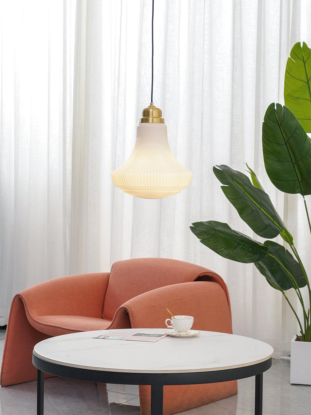 Solara Pendant Lamp Opal Glass Ribbed Bell Brass Vintage - Letslighting
