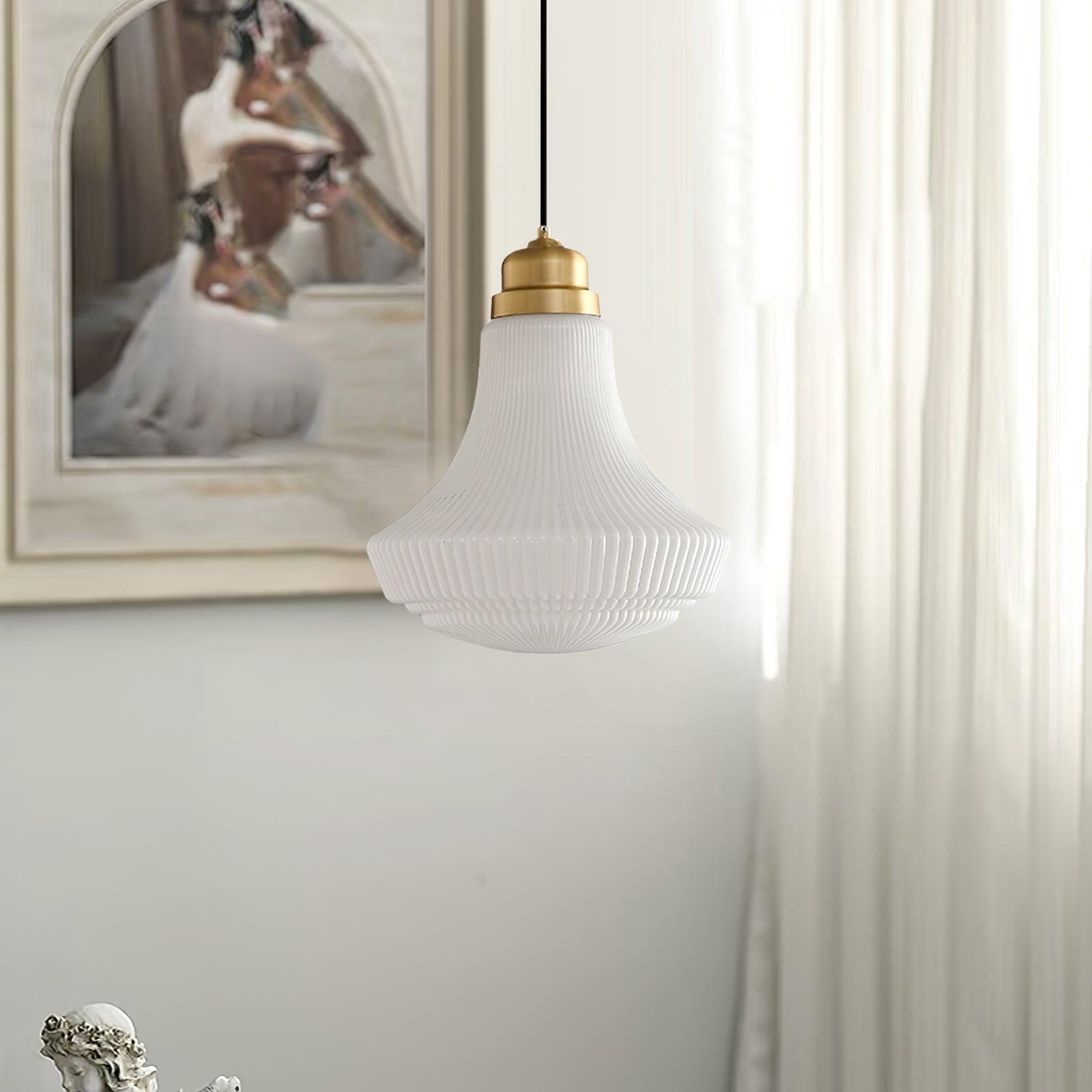 Solara Pendant Lamp Opal Glass Ribbed Bell Brass Vintage - Letslighting