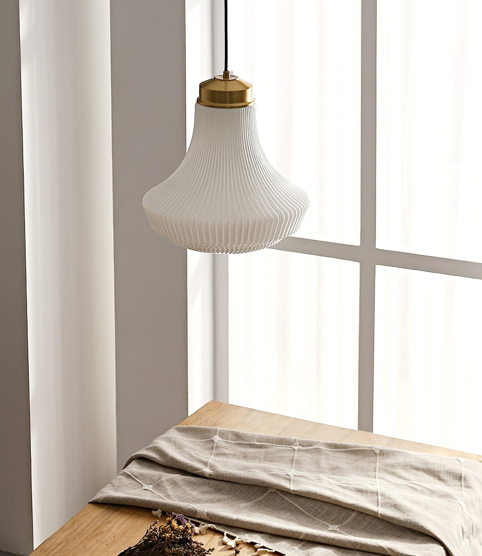 Solara Pendant Lamp Opal Glass Ribbed Bell Brass Vintage - Letslighting