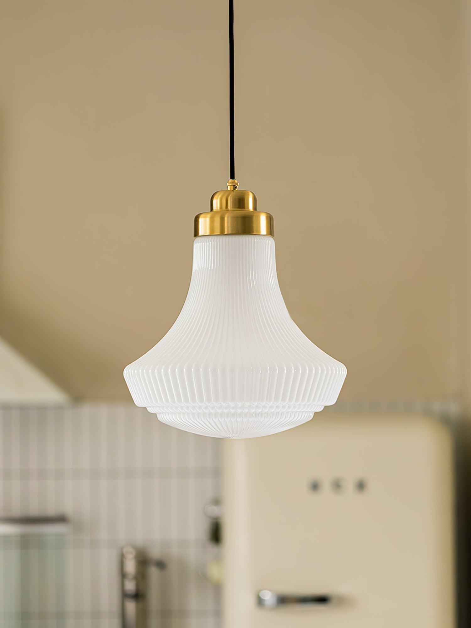Solara Pendant Lamp Opal Glass Ribbed Bell Brass Vintage - Letslighting