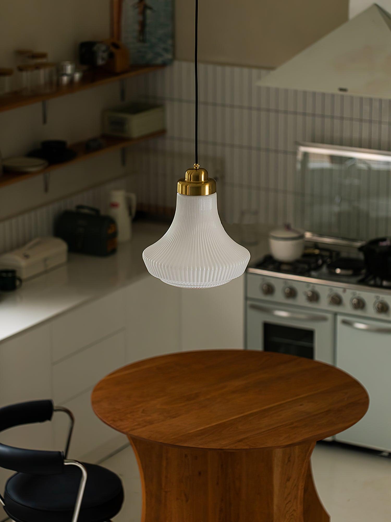 Solara Pendant Lamp Opal Glass Ribbed Bell Brass Vintage - Letslighting