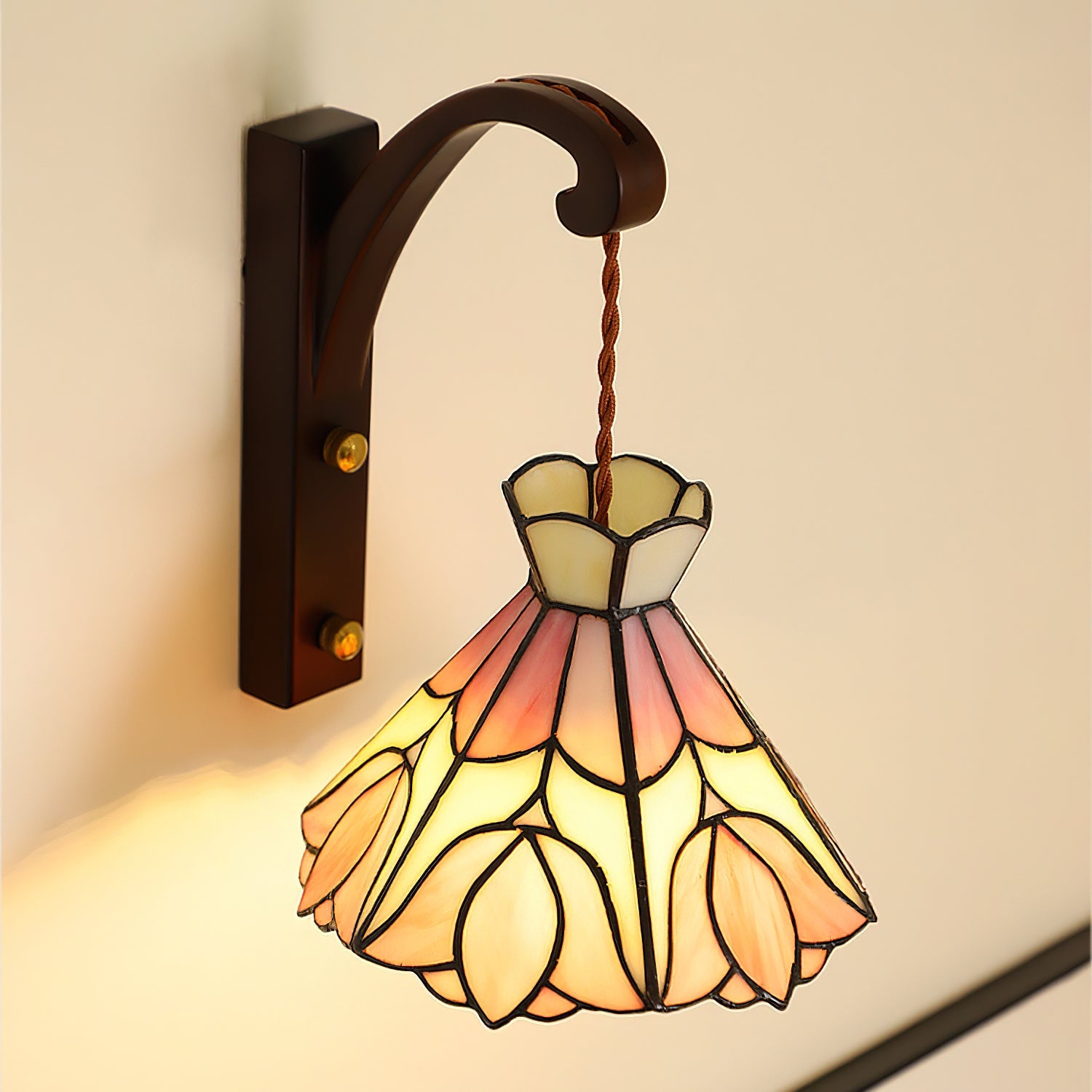 Wall Lamp Wood Body Tiffany Glass Shade Pink Floral Vintage Art - Letslighting