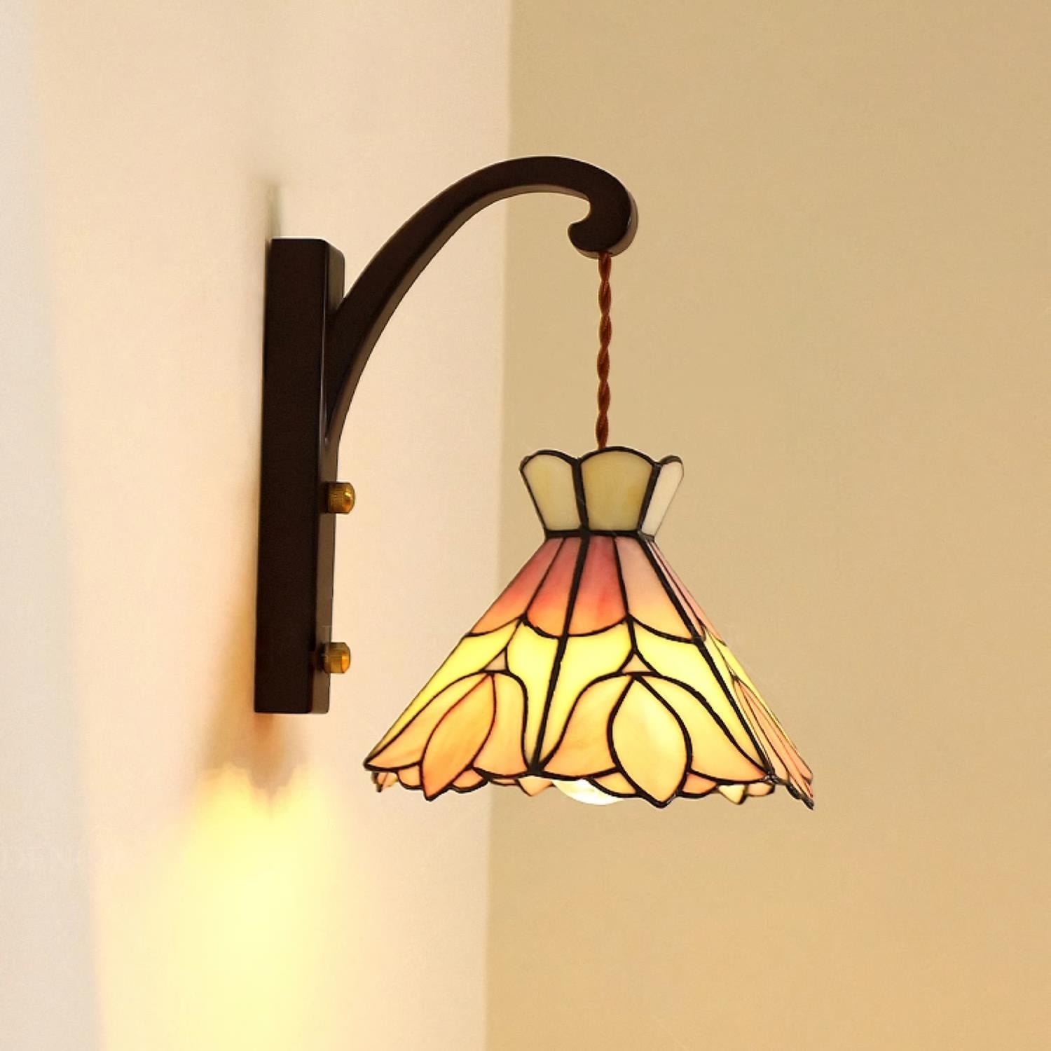 Wall Lamp Wood Body Tiffany Glass Shade Pink Floral Vintage Art - Letslighting