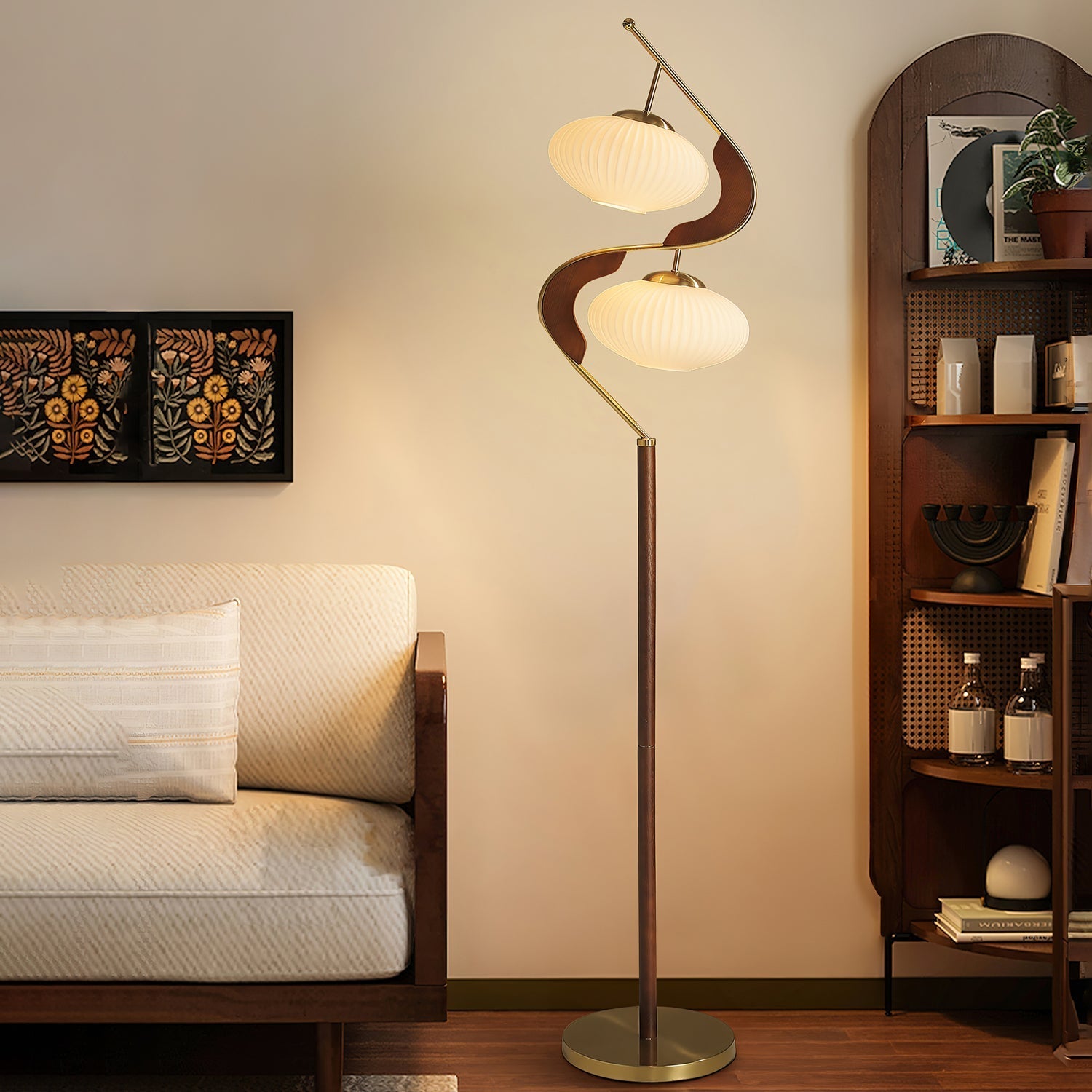 Serenita Modern Wood & Glass Floor Lamp