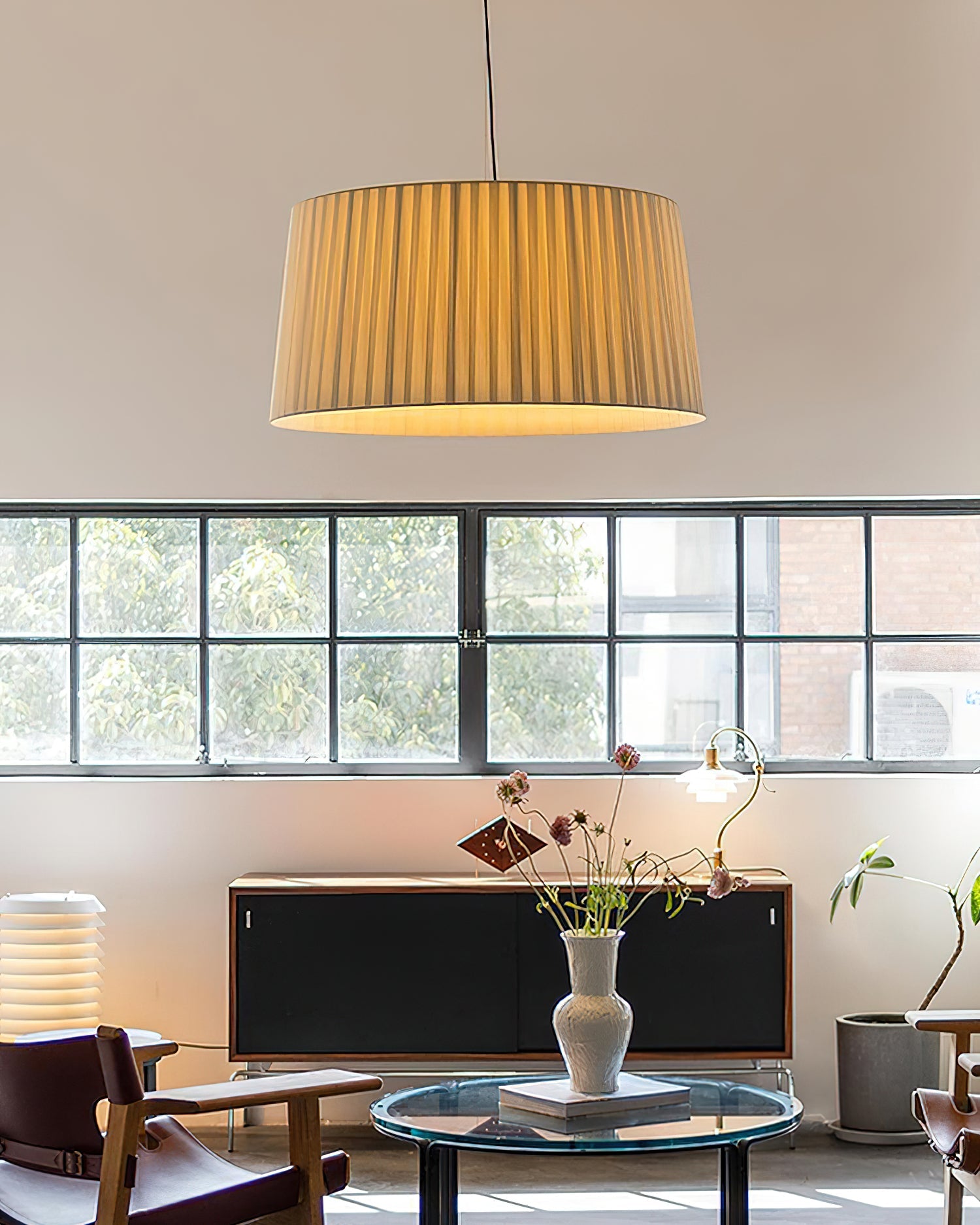Pendant Lamp Pleated Fabric Drum Black Minimalist Classic - Letslighting