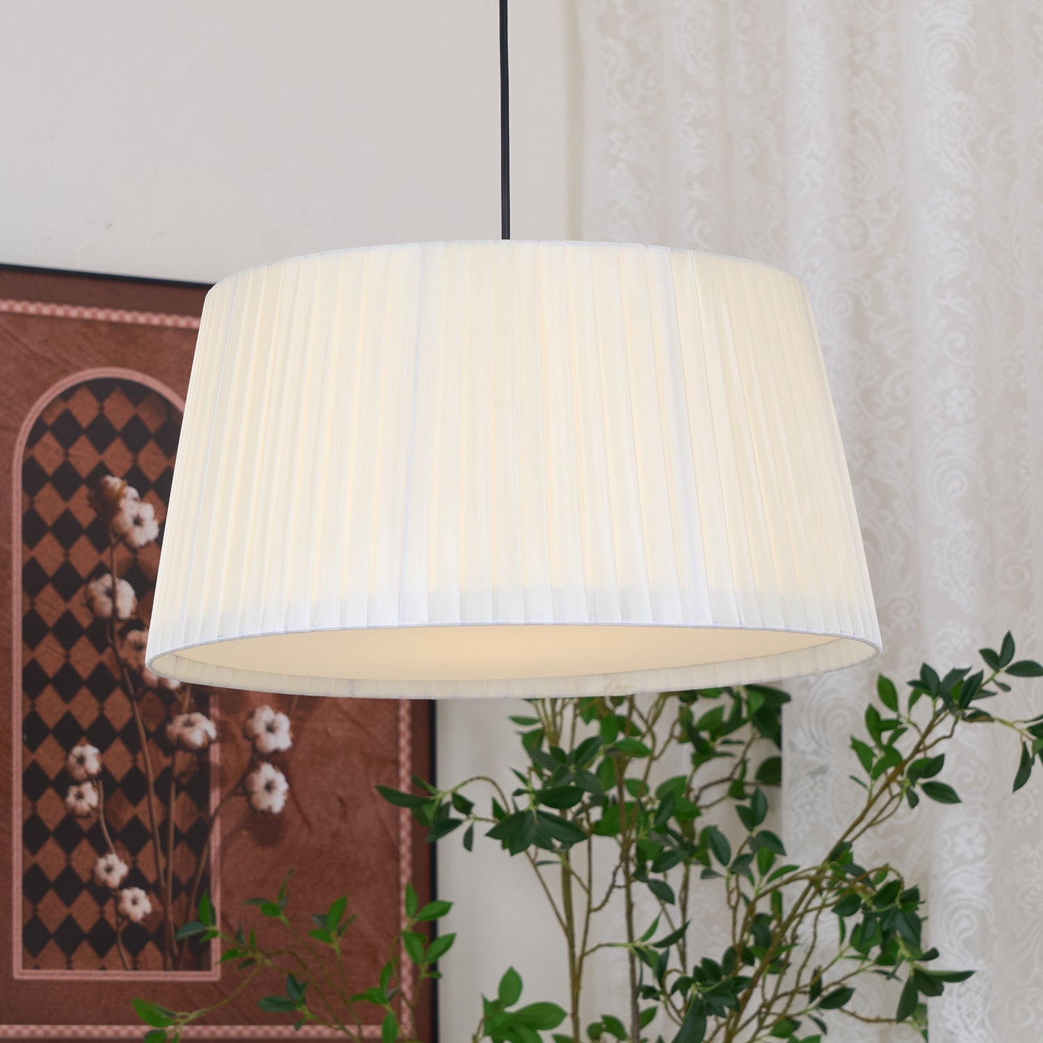 Pendant Lamp Pleated Fabric Drum Black Minimalist Classic - Letslighting