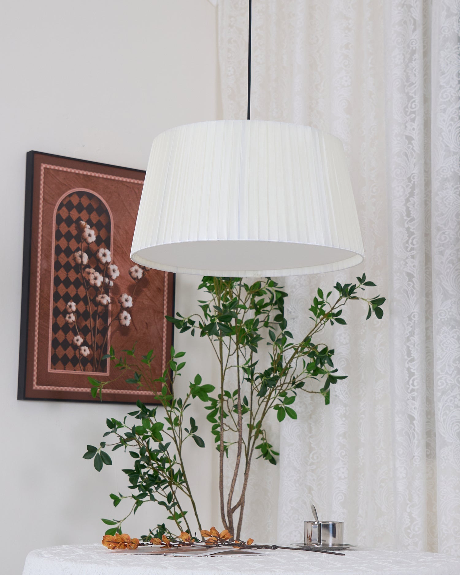 Pendant Lamp Pleated Fabric Drum Black Minimalist Classic - Letslighting