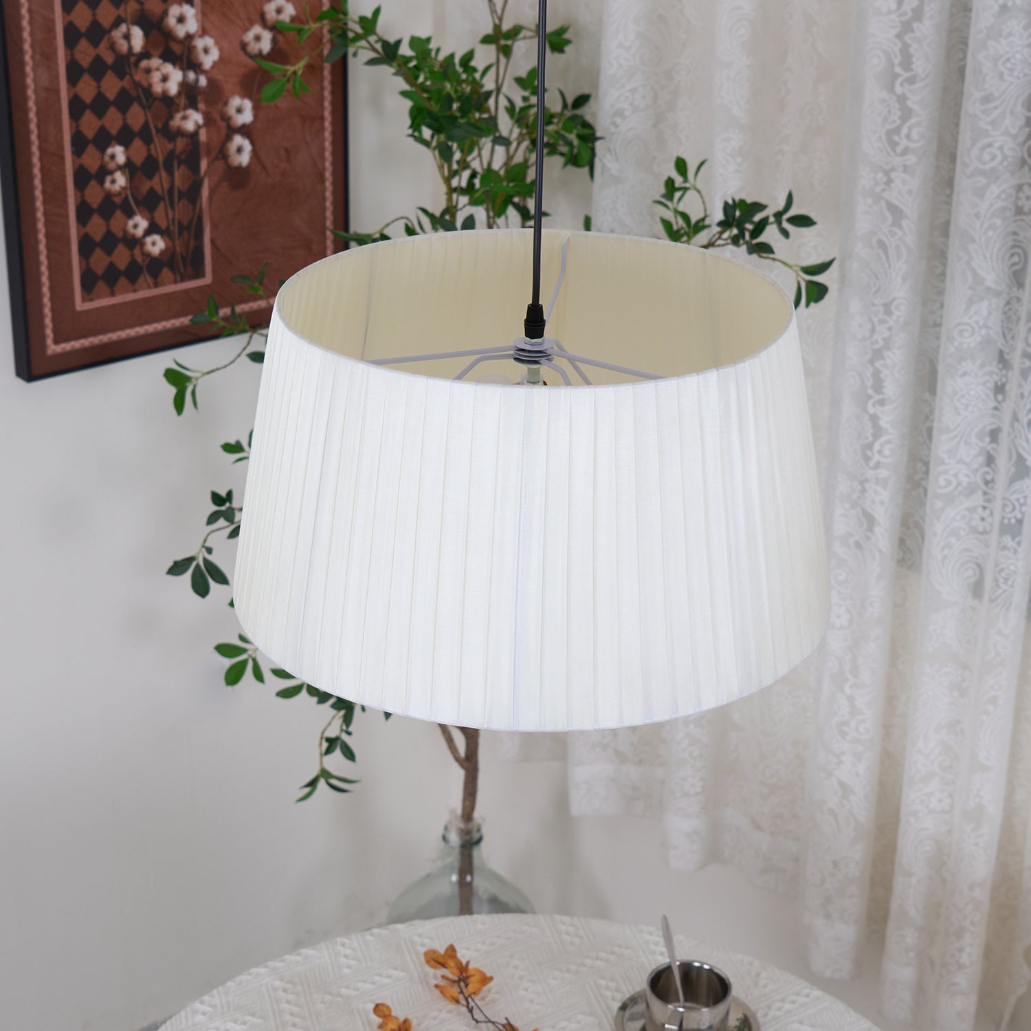 Pendant Lamp Pleated Fabric Drum Black Minimalist Classic - Letslighting