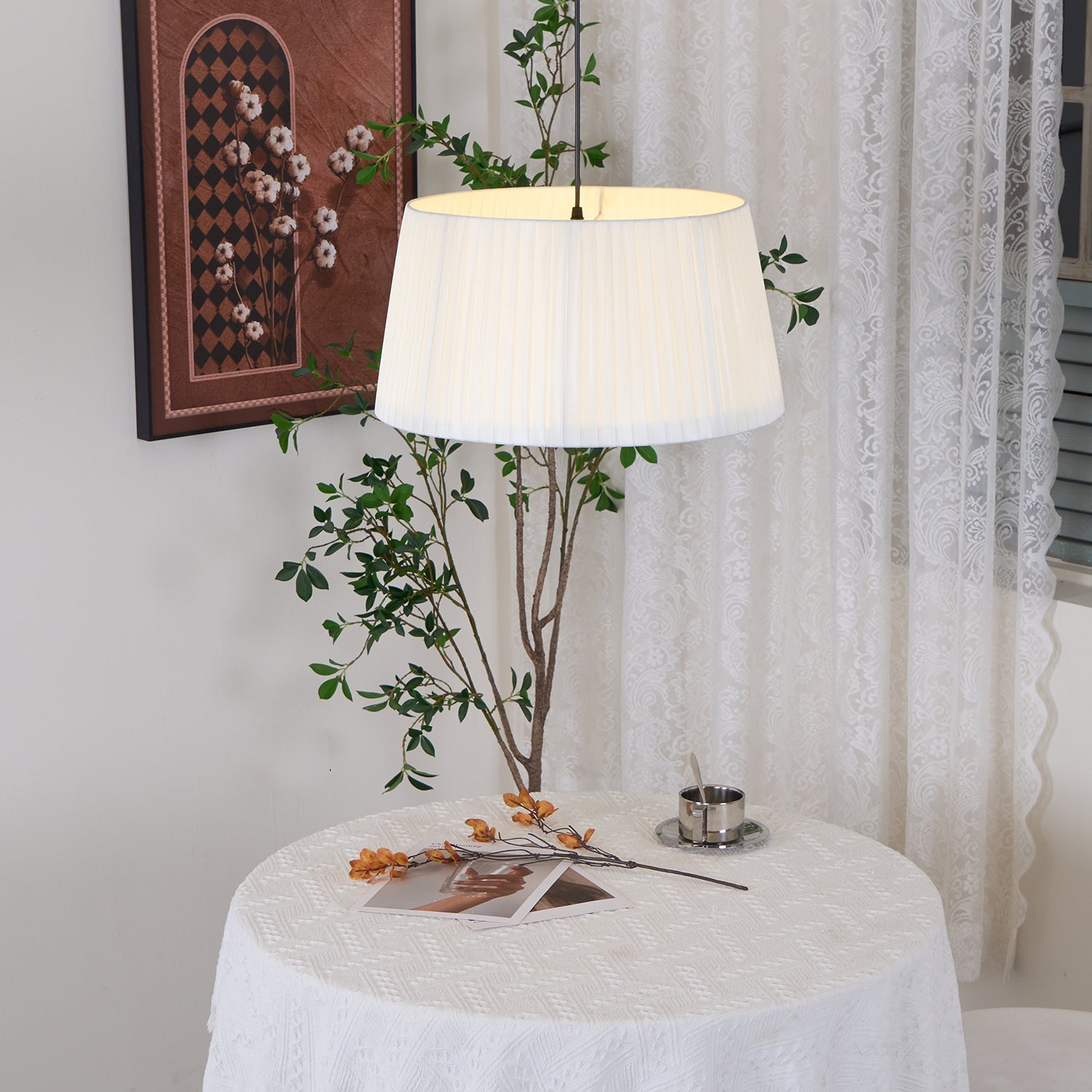 Pendant Lamp Pleated Fabric Drum Black Minimalist Classic - Letslighting