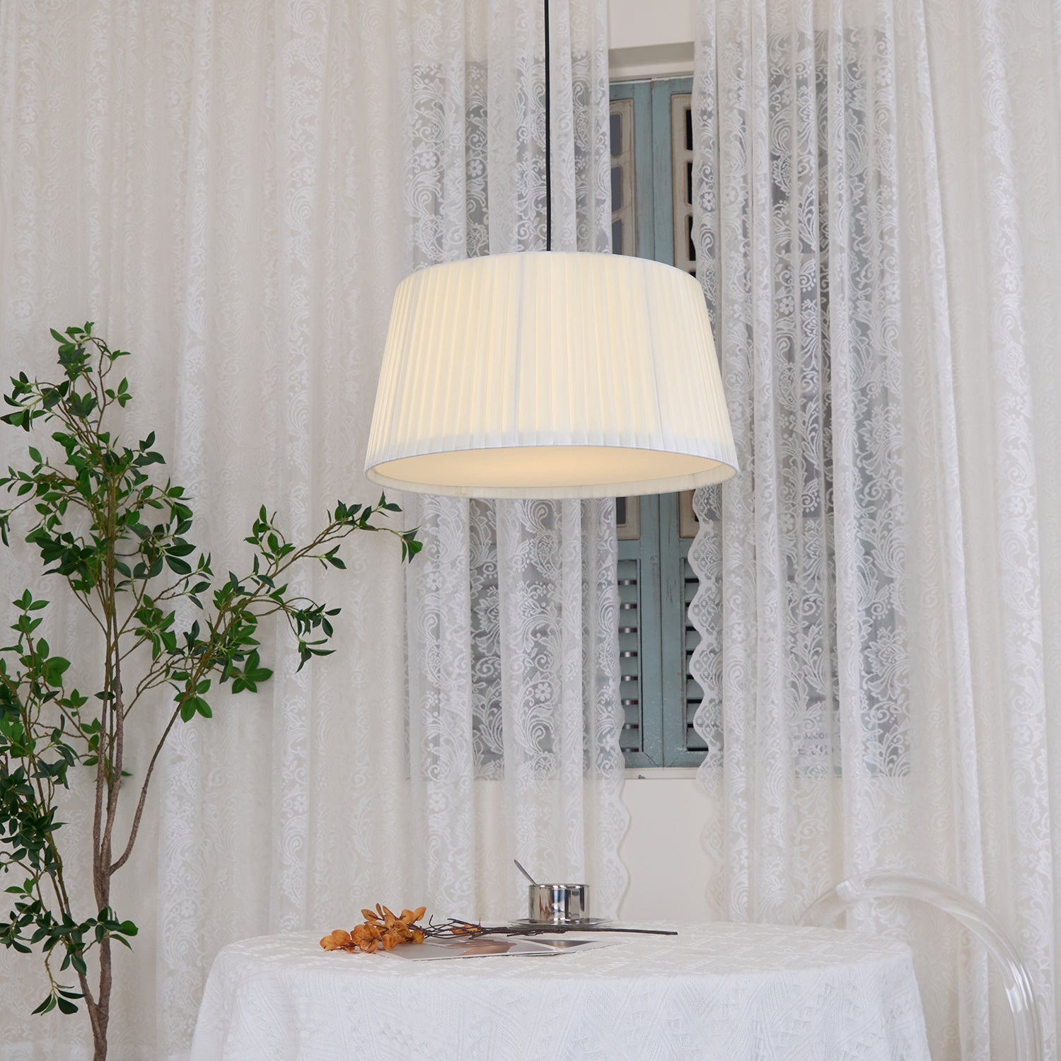 Pendant Lamp Pleated Fabric Drum Black Minimalist Classic - Letslighting