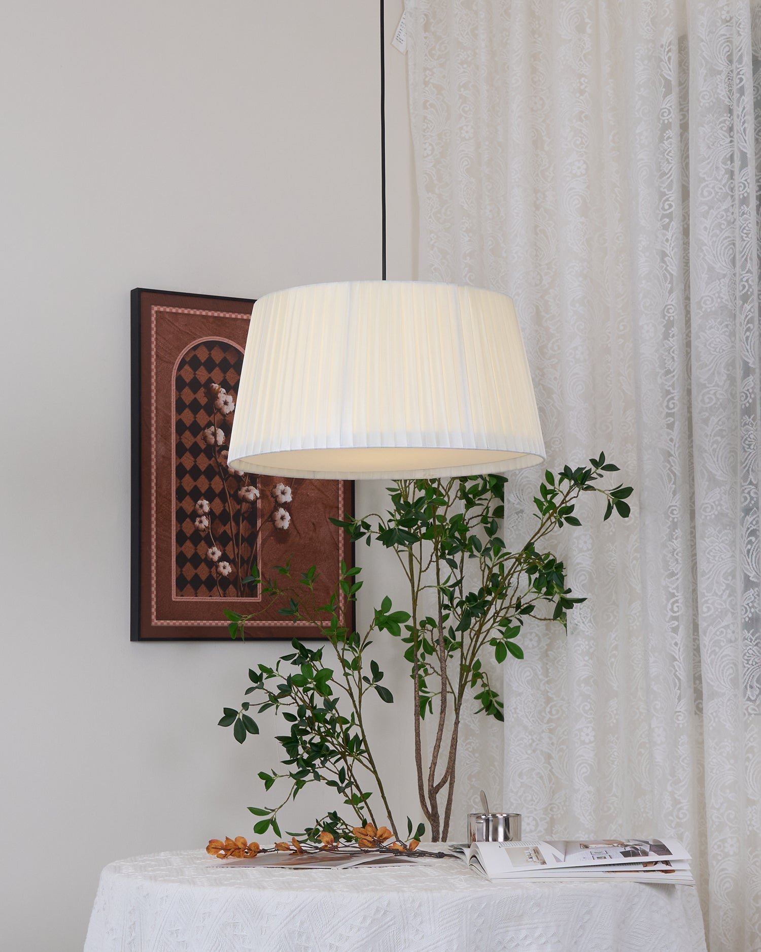 Pendant Lamp Pleated Fabric Drum Black Minimalist Classic - Letslighting