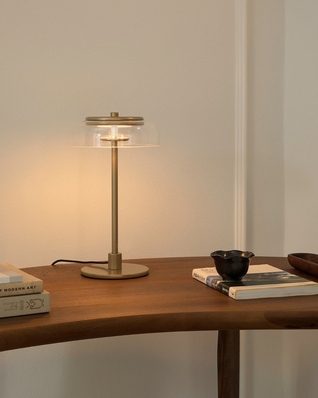Solara Table Lamp Clear Glass Shade Wood Base - Letslighting