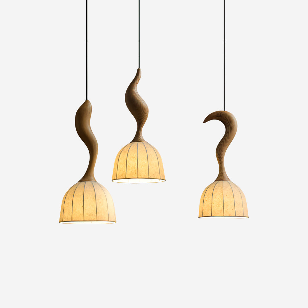 Solia Pendant Lamp Curved Stem & Fabric Wooden - Letslighting