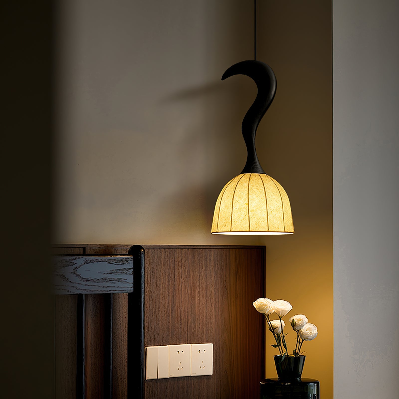Solia Pendant Lamp Curved Stem & Fabric Wooden - Letslighting