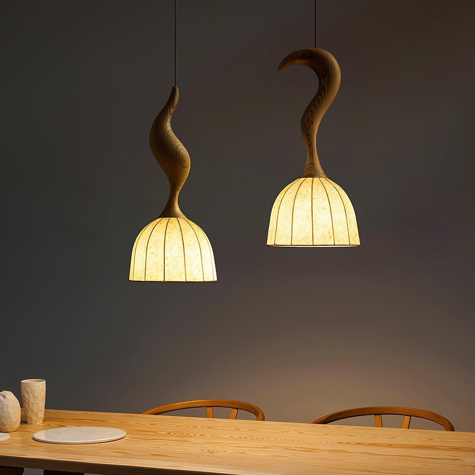 Solia Pendant Lamp Curved Stem & Fabric Wooden - Letslighting