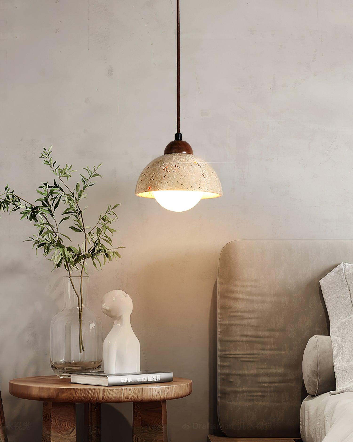 Pendant Lamp Wood Top Yellow Travertine Glass Shade White Beige Modern - Letslighting