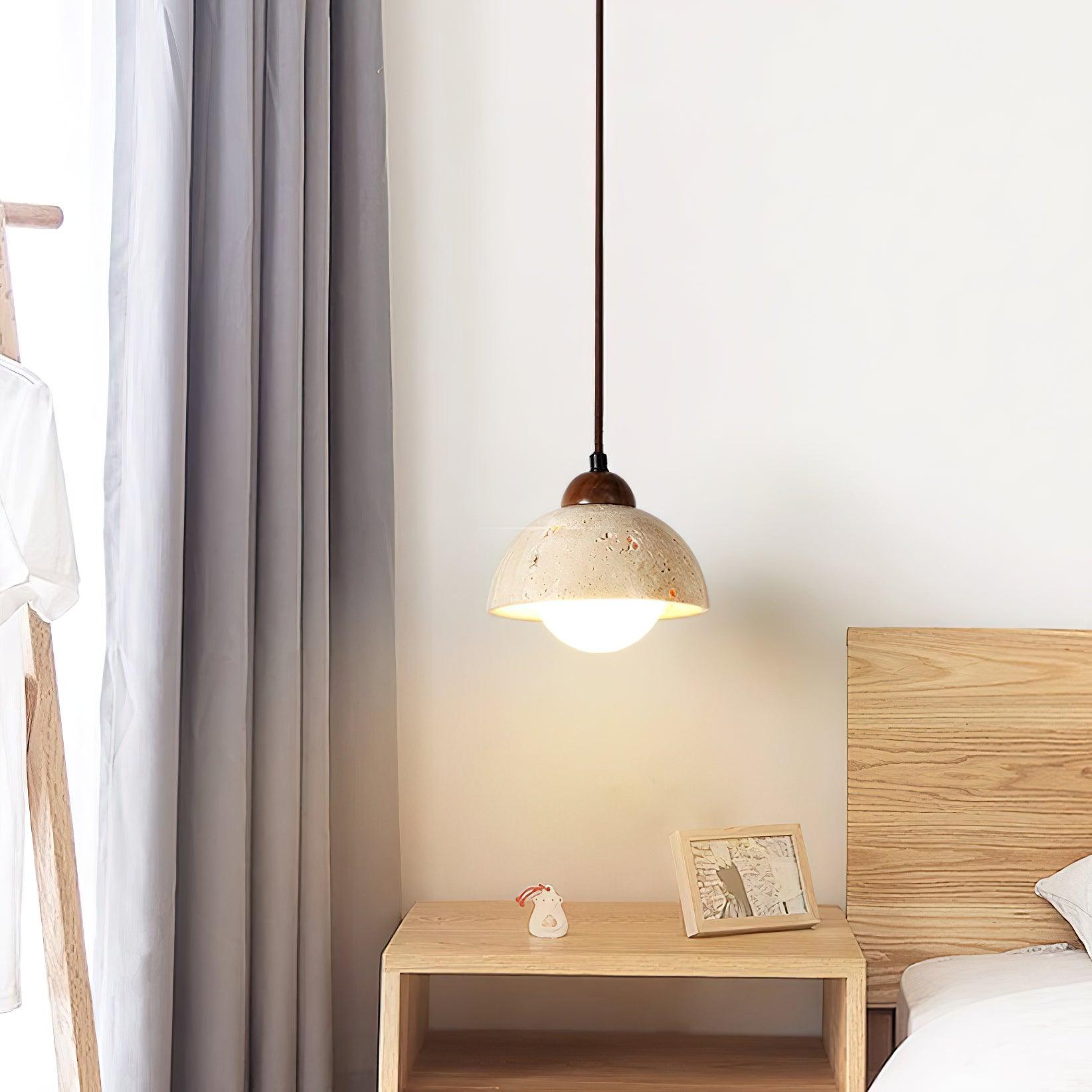 Pendant Lamp Wood Top Yellow Travertine Glass Shade White Beige Modern - Letslighting