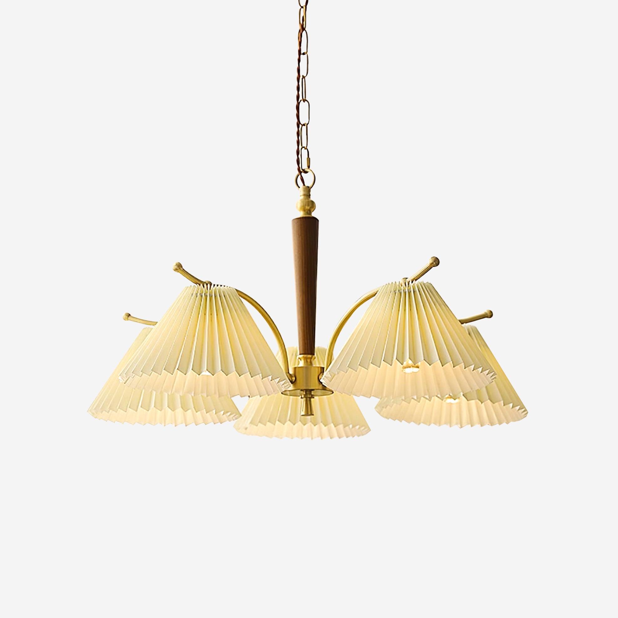 Chandelier Pleated Fabric Shades Walnut Brass Arms Warm Retro - Letslighting