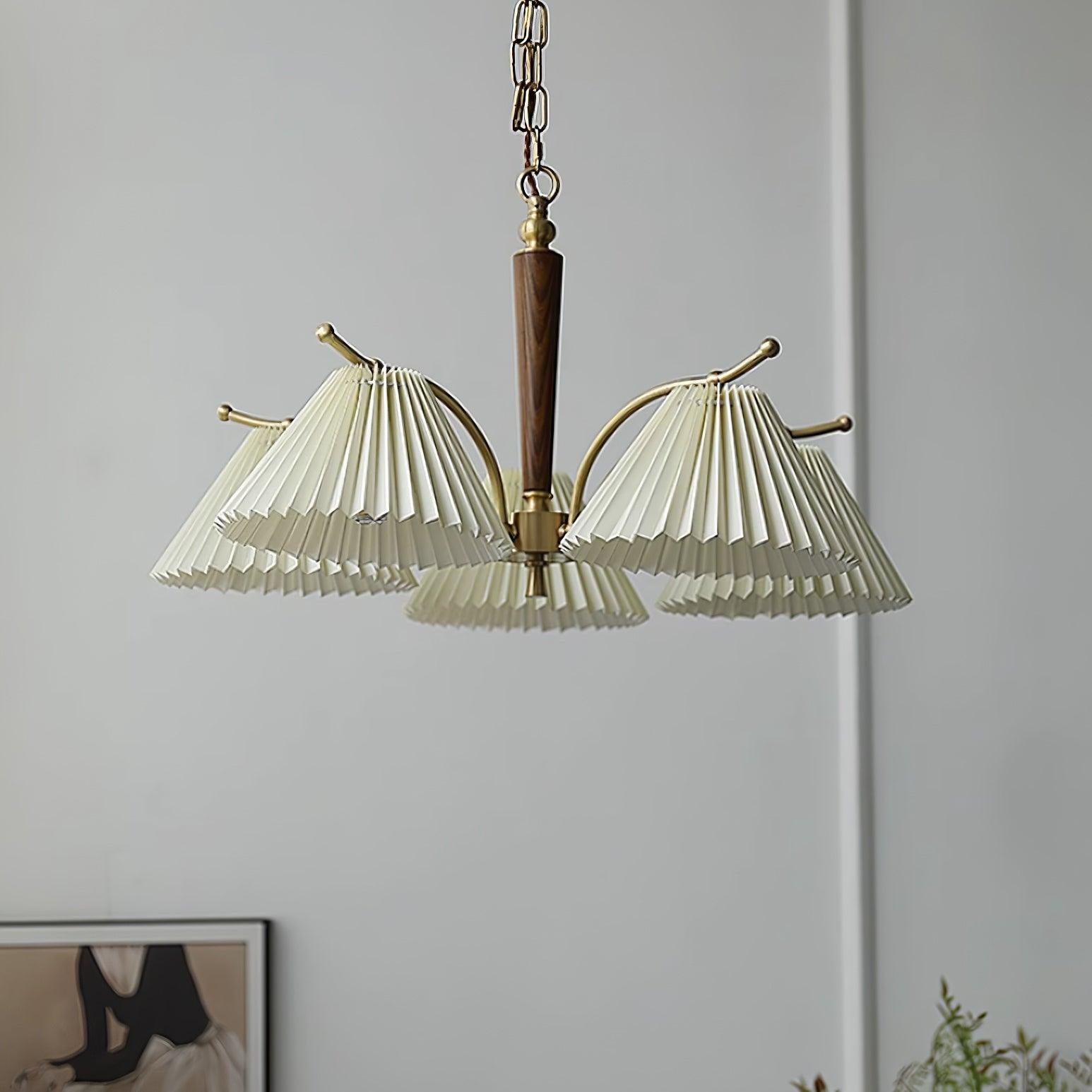 Chandelier Pleated Fabric Shades Walnut Brass Arms Warm Retro - Letslighting