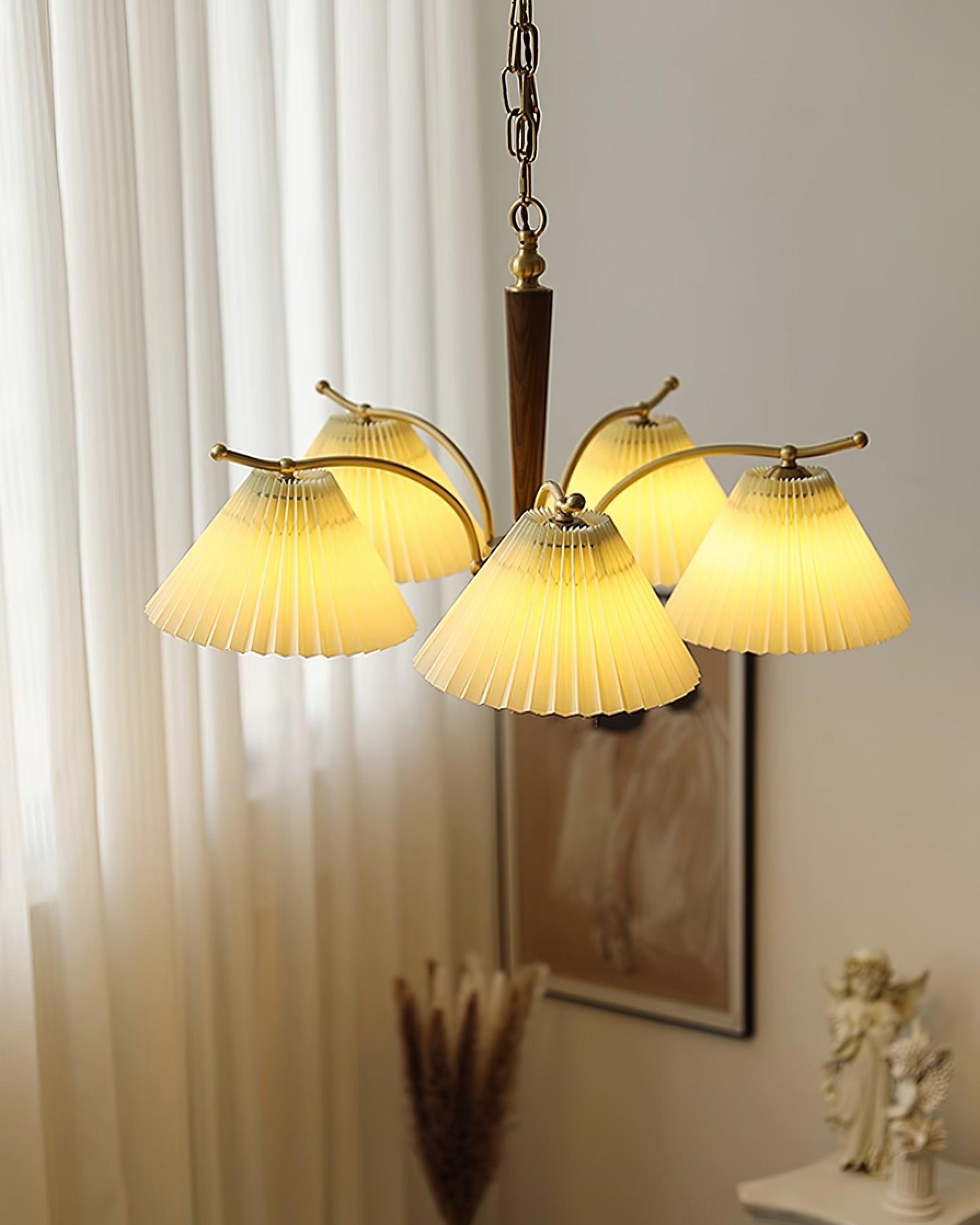 Chandelier Pleated Fabric Shades Walnut Brass Arms Warm Retro - Letslighting
