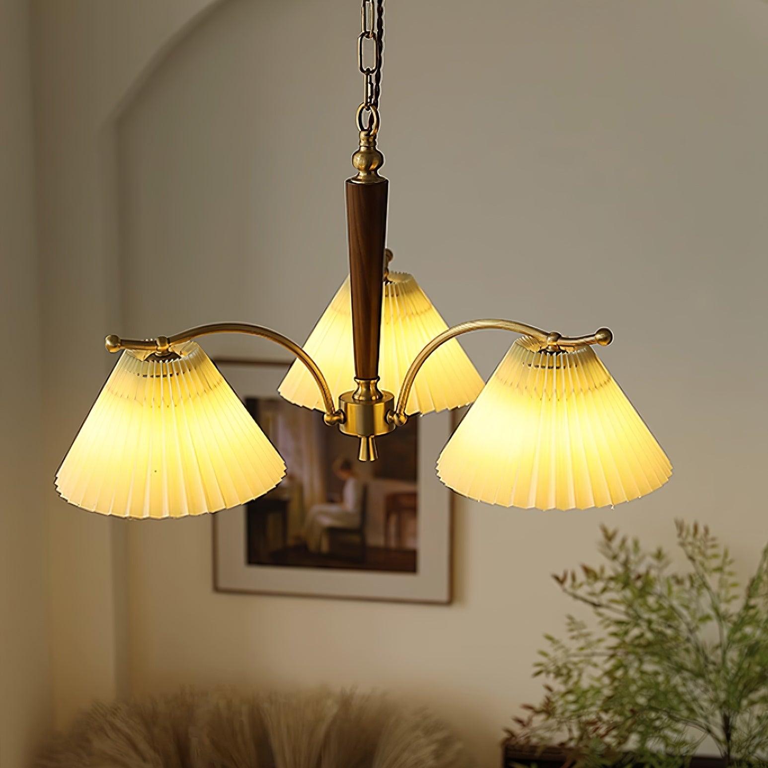 Chandelier Pleated Fabric Shades Walnut Brass Arms Warm Retro - Letslighting