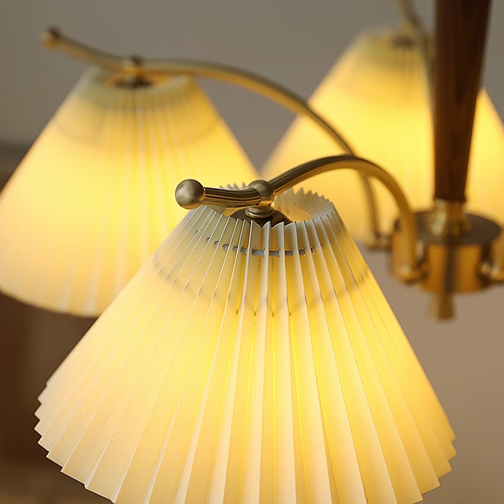 Chandelier Pleated Fabric Shades Walnut Brass Arms Warm Retro - Letslighting