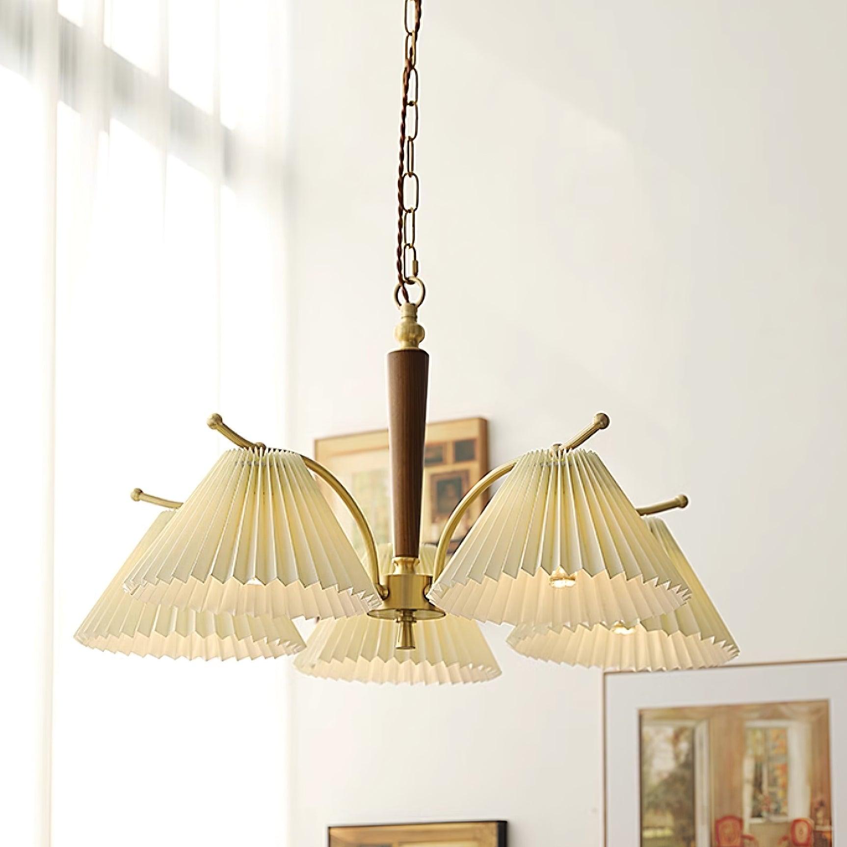 Chandelier Pleated Fabric Shades Walnut Brass Arms Warm Retro - Letslighting