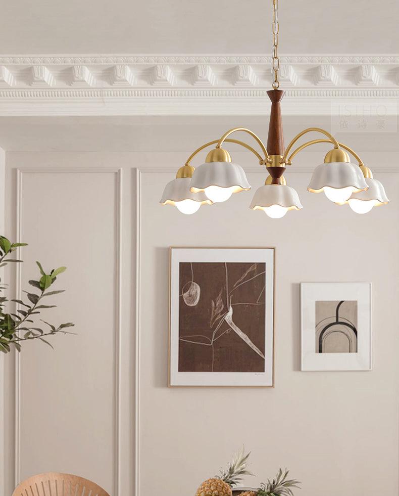 Lustra Chandelier Brass Wood Opaline Ceramic - Letslighting