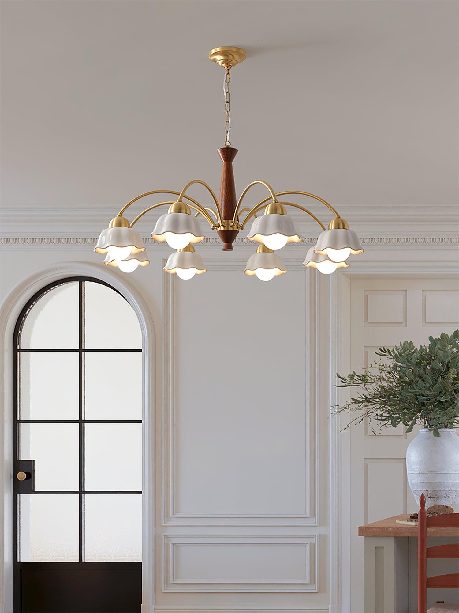 Lustra Chandelier Brass Wood Opaline Ceramic - Letslighting