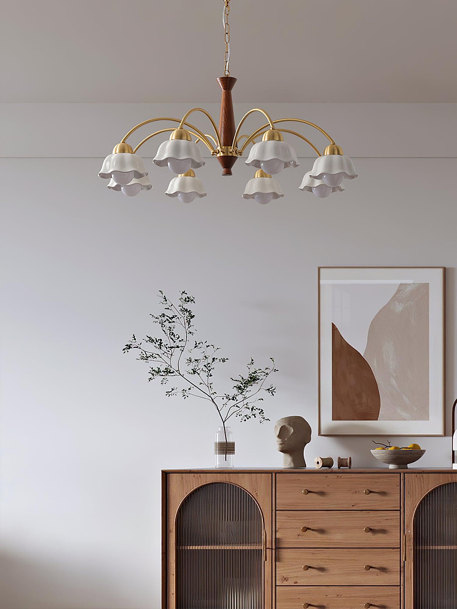 Lustra Chandelier Brass Wood Opaline Ceramic - Letslighting