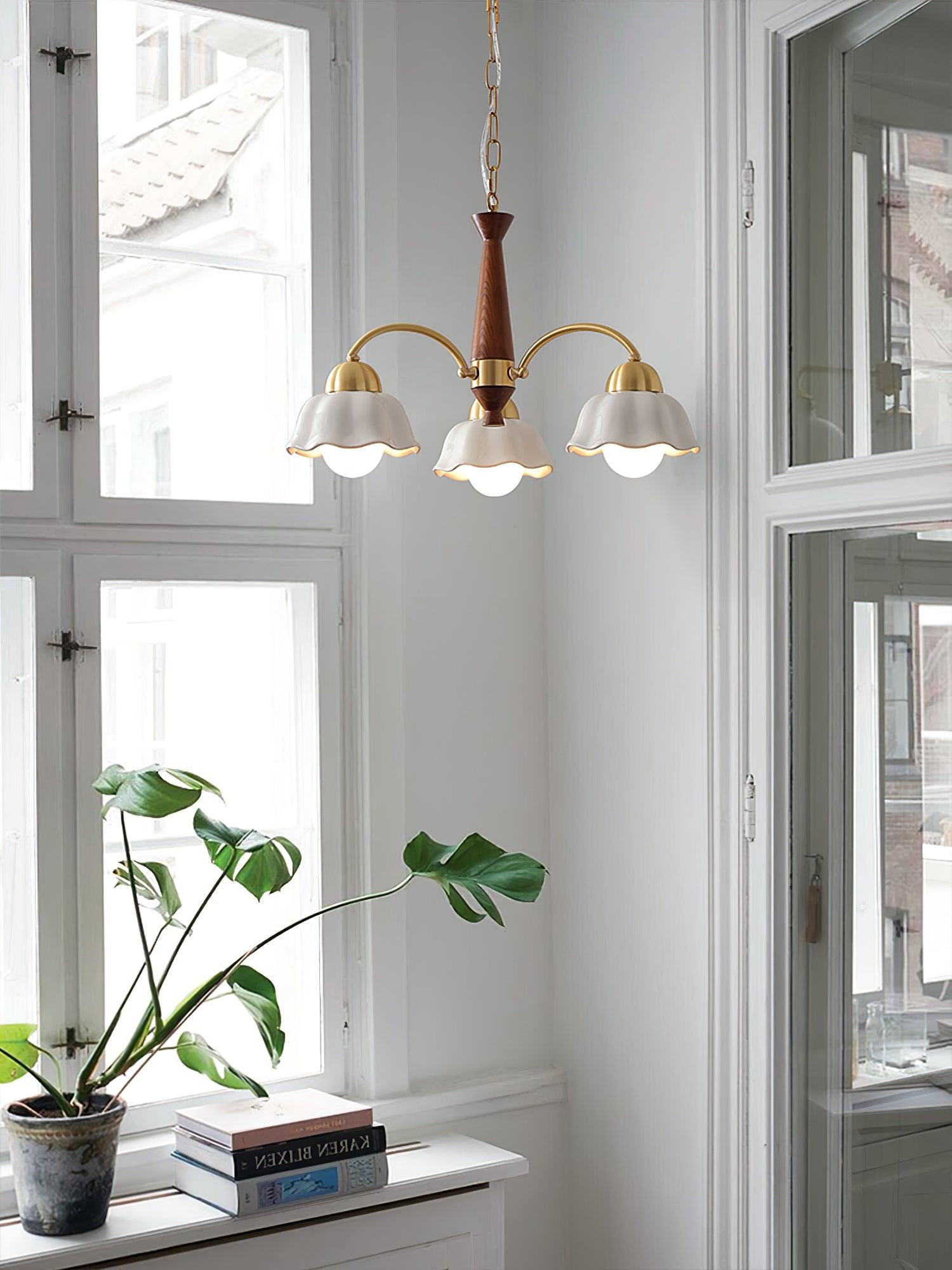 Lustra Chandelier Brass Wood Opaline Ceramic - Letslighting