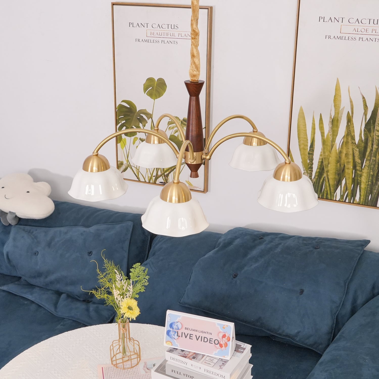 Lustra Chandelier Brass Wood Opaline Ceramic - Letslighting